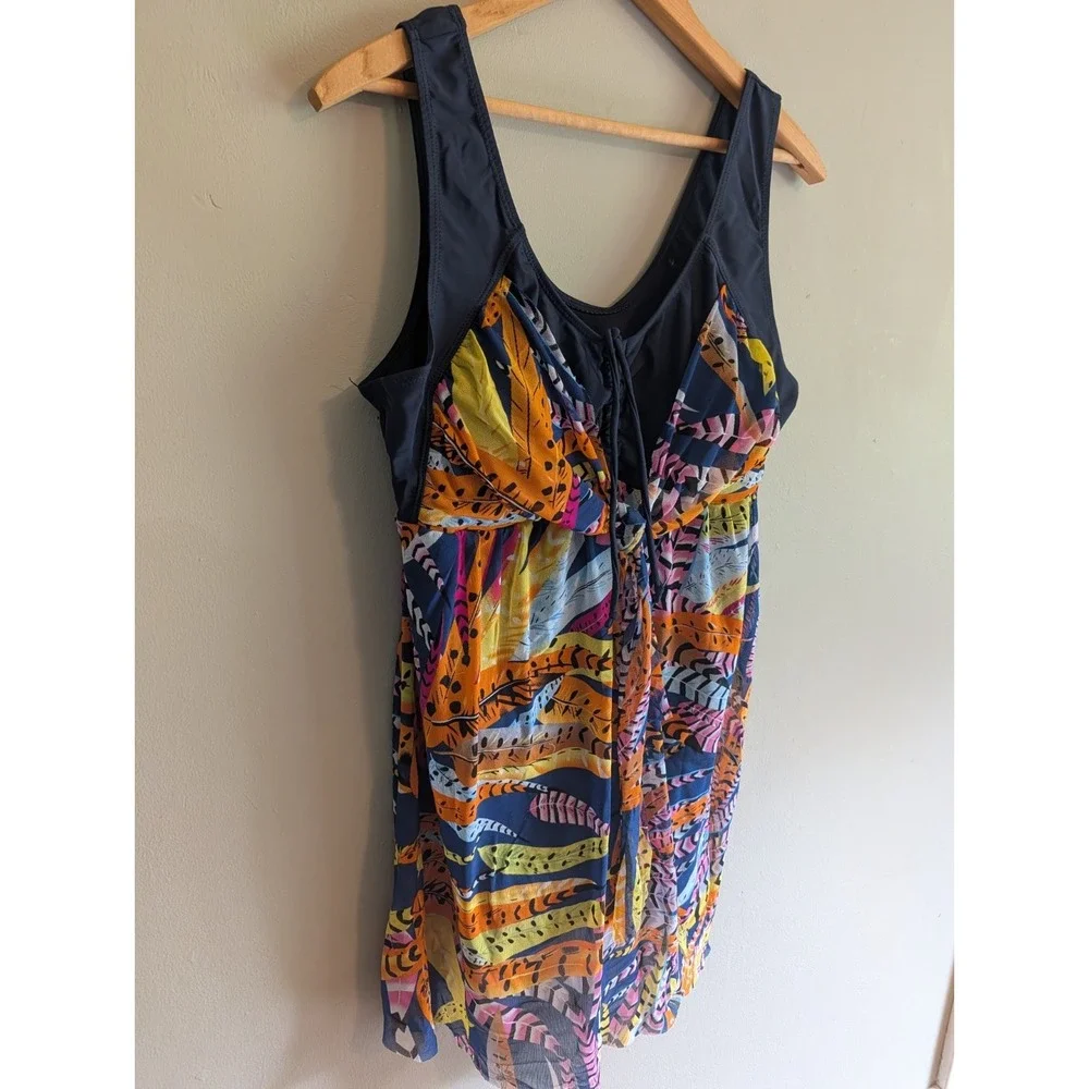 Wantdo Swimsuit One Piece 3XL Navy Colorful Feathers Swim Dress Flowy Bright Fun